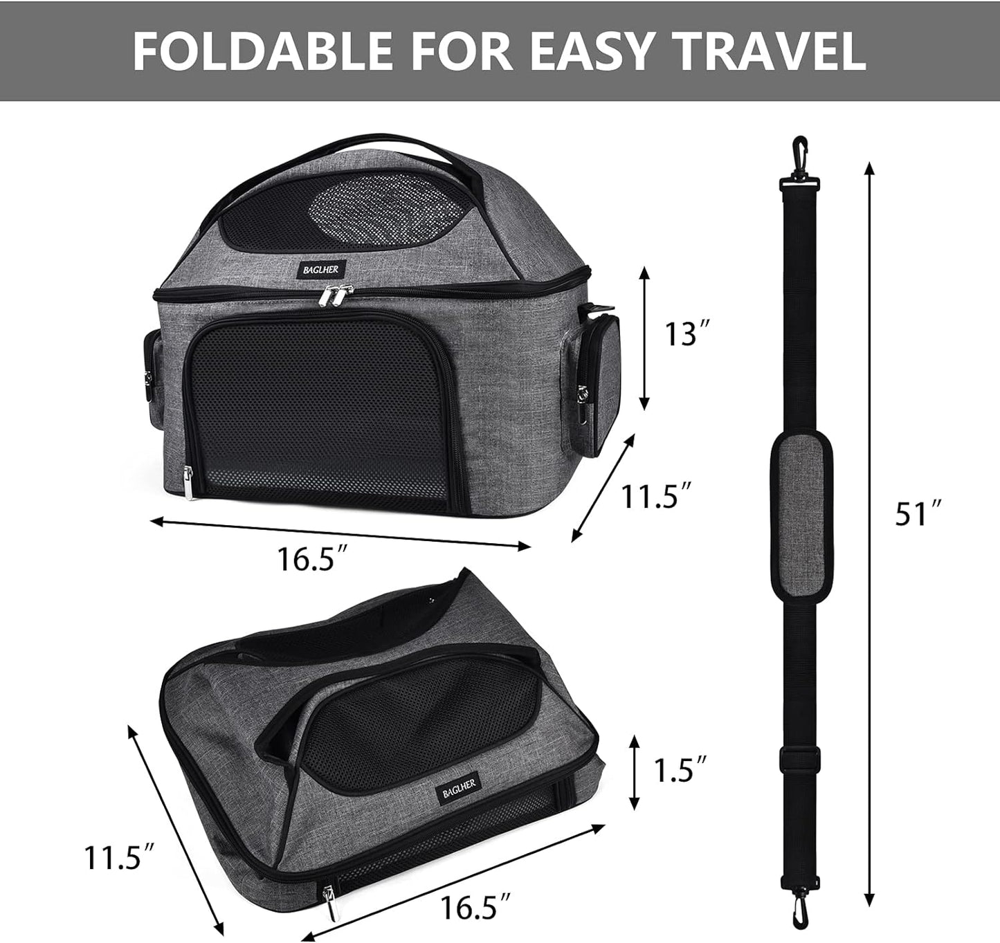 Pet Travel Carrier Bag, Small Dog or Cat Travel Carrier, Pet Cage with Locking Safety Zipper, Airline-Approved Soft Surface Foldable Pet Carrier.Gray