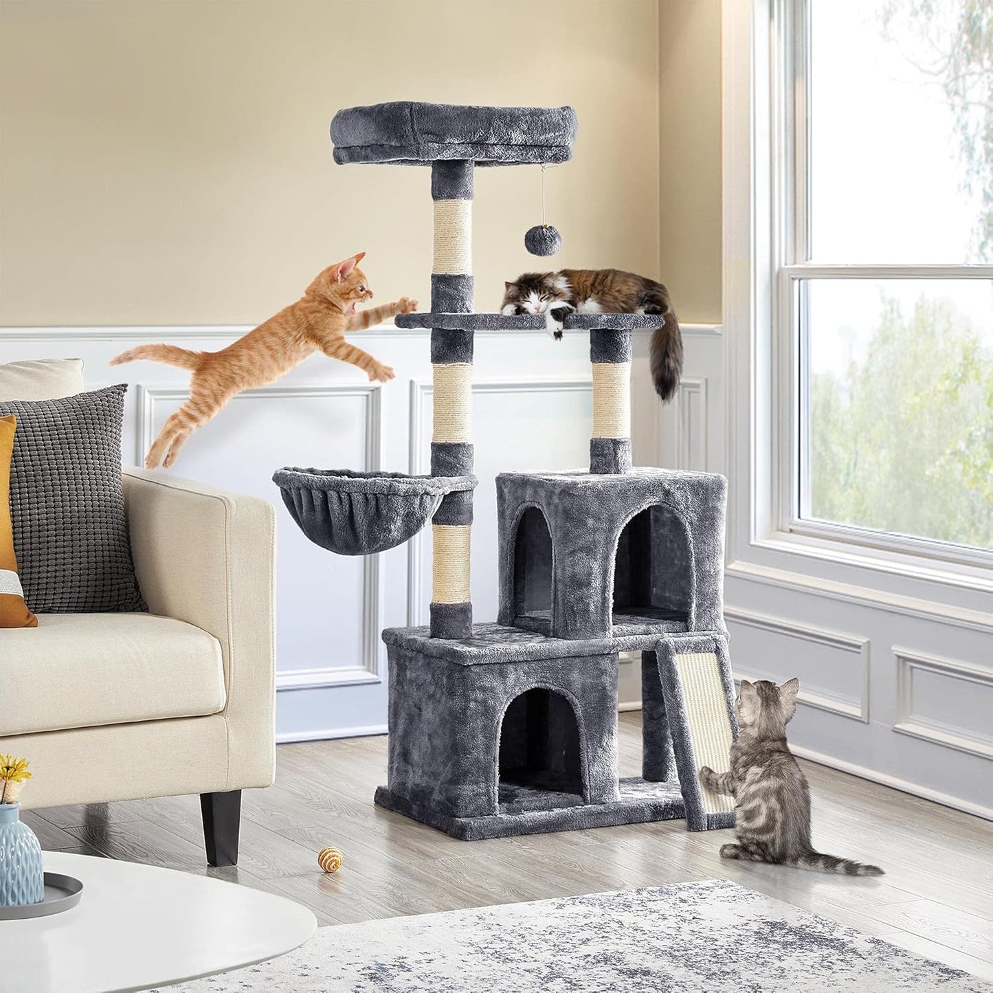 53.5Inches Cat Tree Large Cat Tower W/Premium Scratching Posts, Condos and Hanging Balls, Sturdy Pet Play House for Indoor Cats, Dark Gray