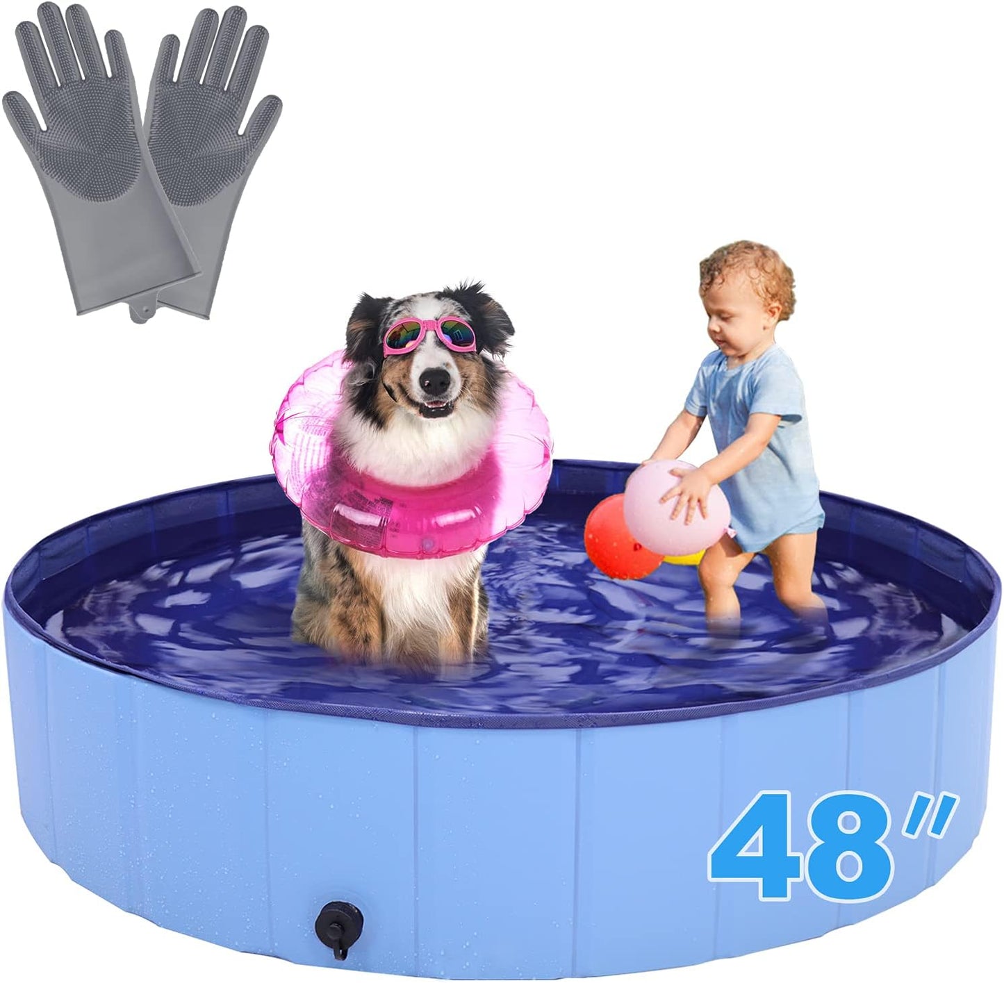 Dog Swimming Pool, 48" Pet Pools for Dogs, Slip-Resistant Kiddie Pool, Foldable PVC Dog Pet Swimming Pool for Kid Baby Pet with Pet Gloves