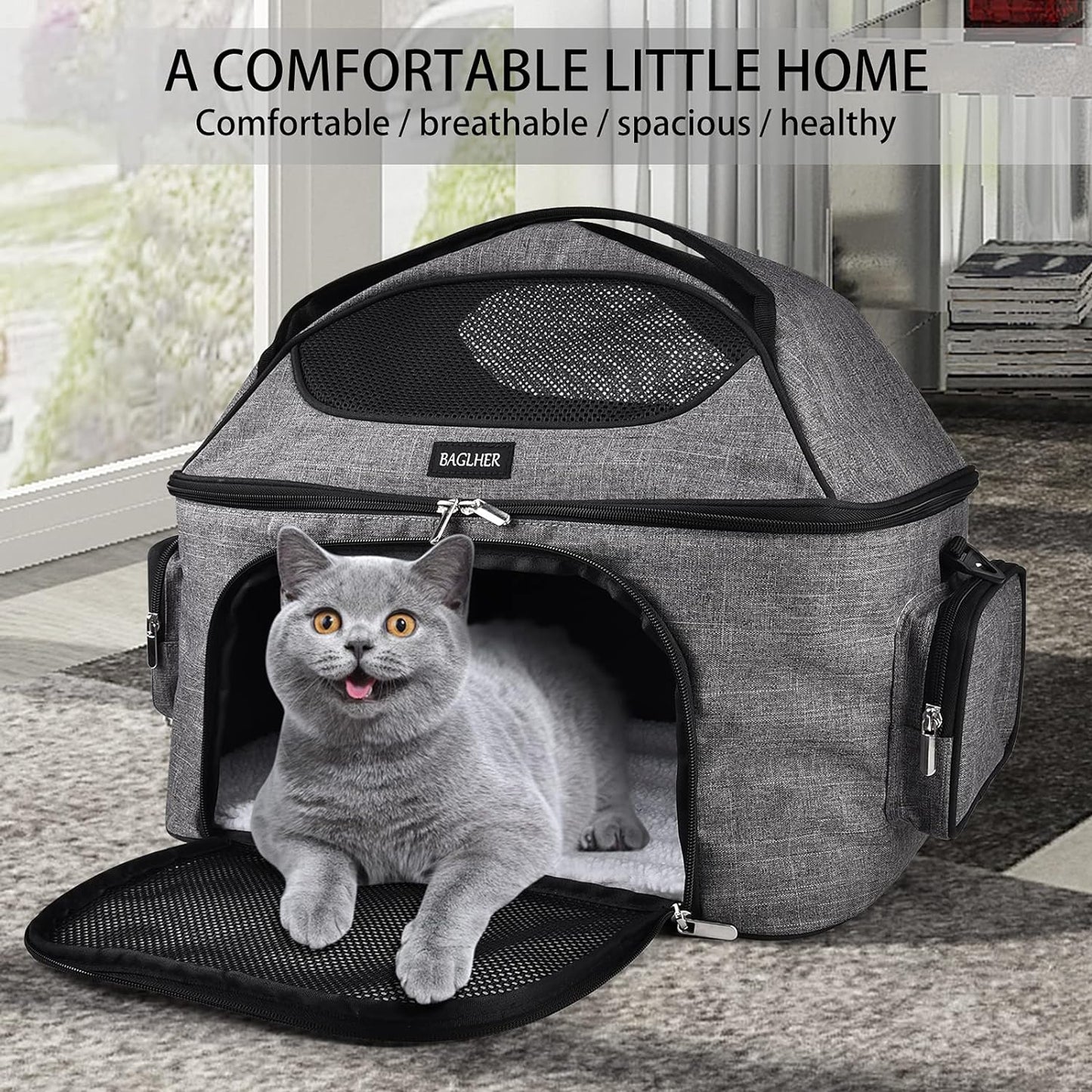 Pet Travel Carrier Bag, Small Dog or Cat Travel Carrier, Pet Cage with Locking Safety Zipper, Airline-Approved Soft Surface Foldable Pet Carrier.Gray