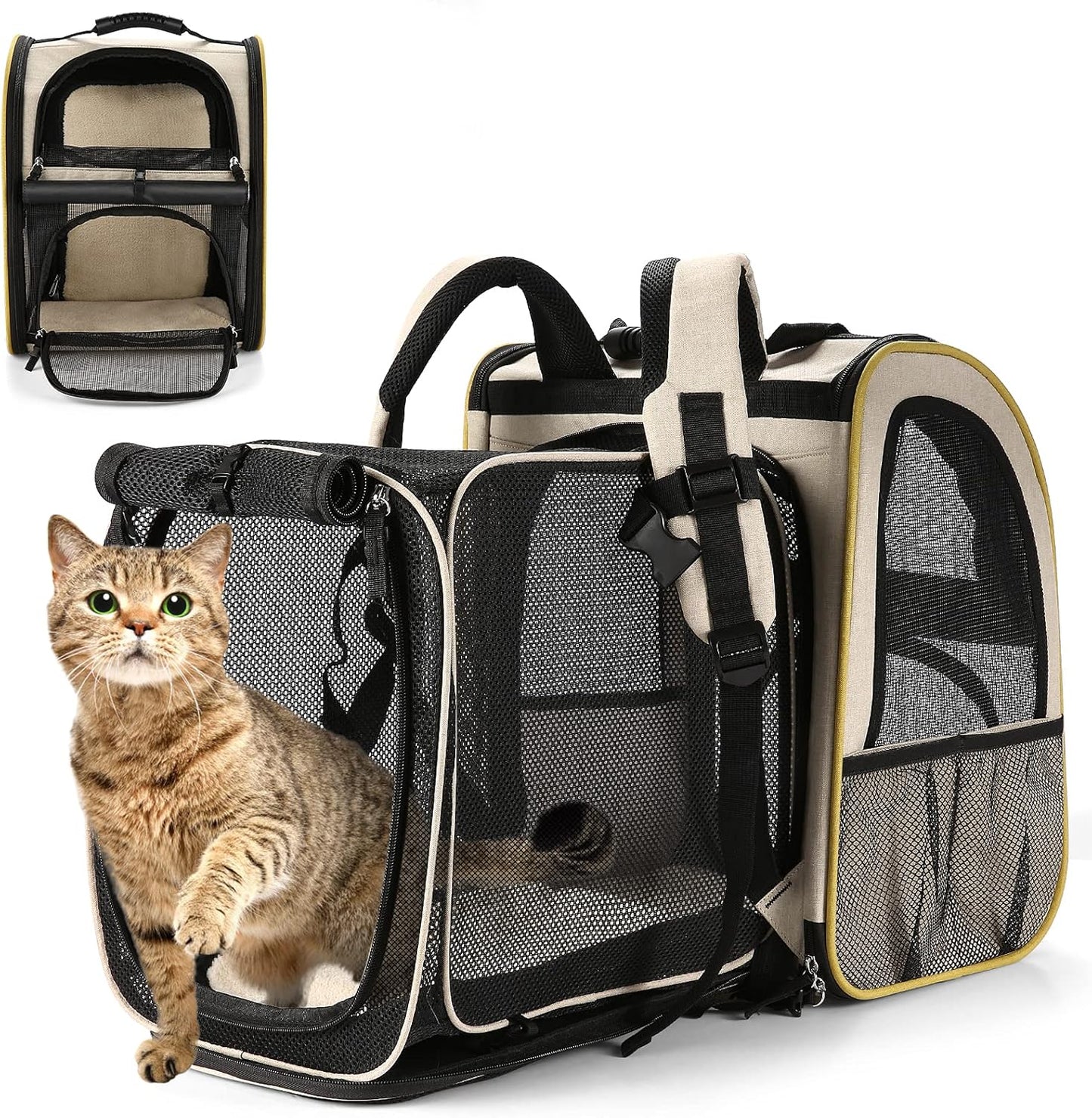 Cat Backpack Carrier, Expandable Pet Carrier Backpack for Small Cats Dogs, Dog Carrier Backpack with Breathable Mesh for Travel Hiking Camping, Hold Pets under 18 Lbs, Khaki