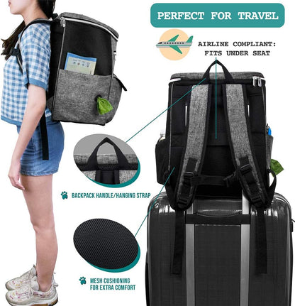 Dog Travel Bag Backpack, Airline Approved Dog Bags for Traveling, Puppy Diaper Bag Supplies, Pet Camping Essentials Hiking Accessories Dog Mom Gift, Food Container, Collapsible Bowls, Gray