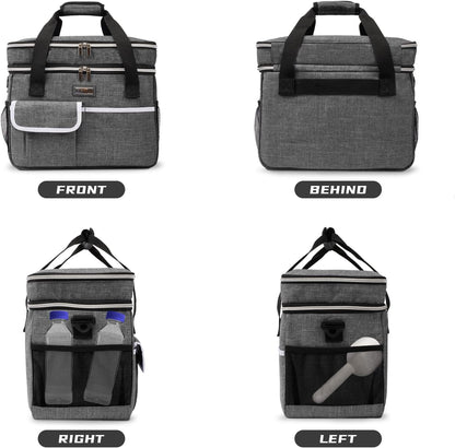 Dog Travel Bag for Supplies - Double-Layer Airline Approved Weekend Pet Travel Organizer Set for Dog and Cat Tote with 2 Pet Food Containers and 2 Collapsible Silicone Bowls Grey