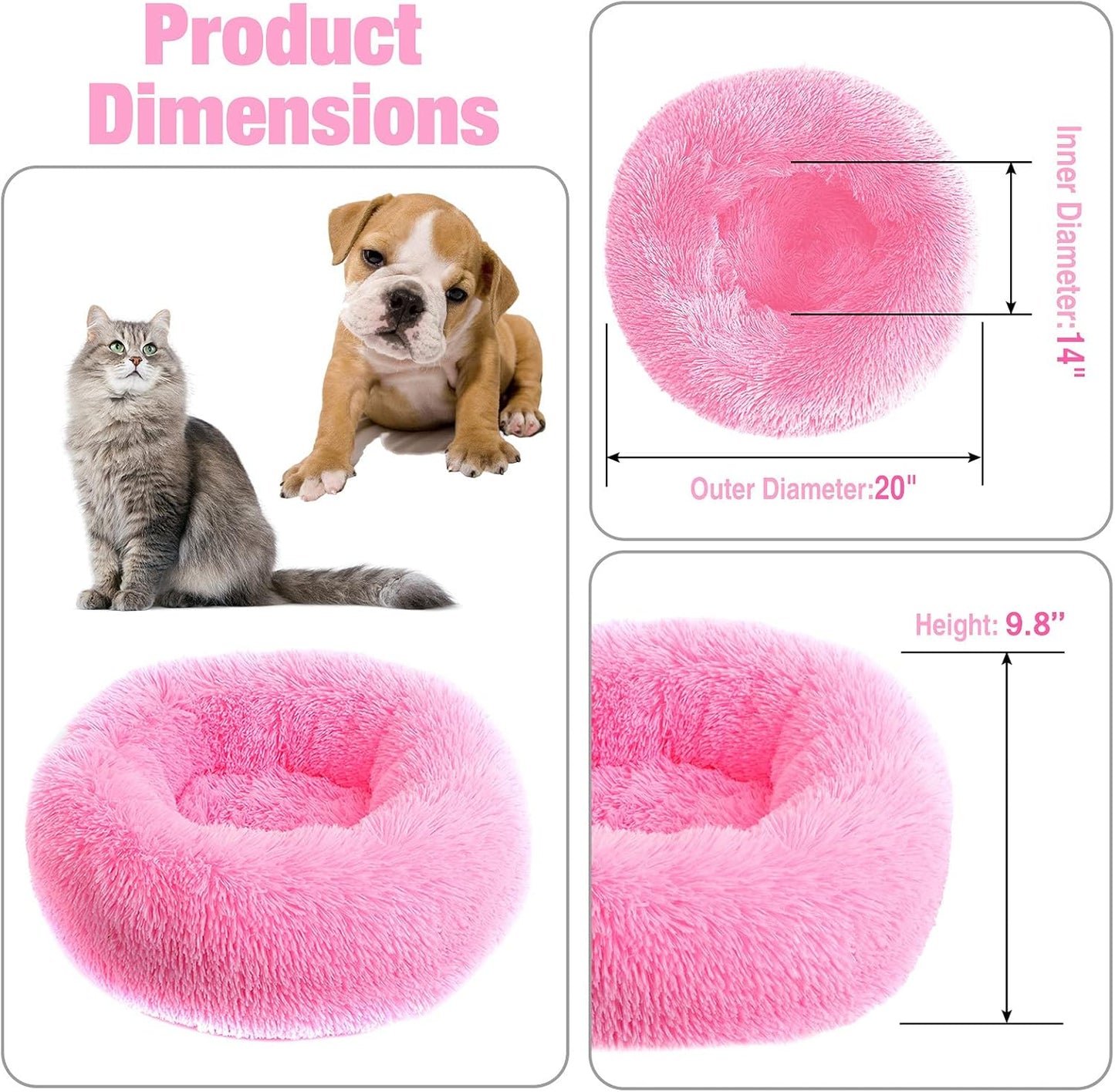Calming Dog Bed,Cozy Soft round Dog Beds for Medium Large Dogs,Fluffy Plush Cat Beds for Indoor Washable, Warming Donut Pet Beds Big Dog Bed Cushion for Crate Kennel Hot Pink 19.7'