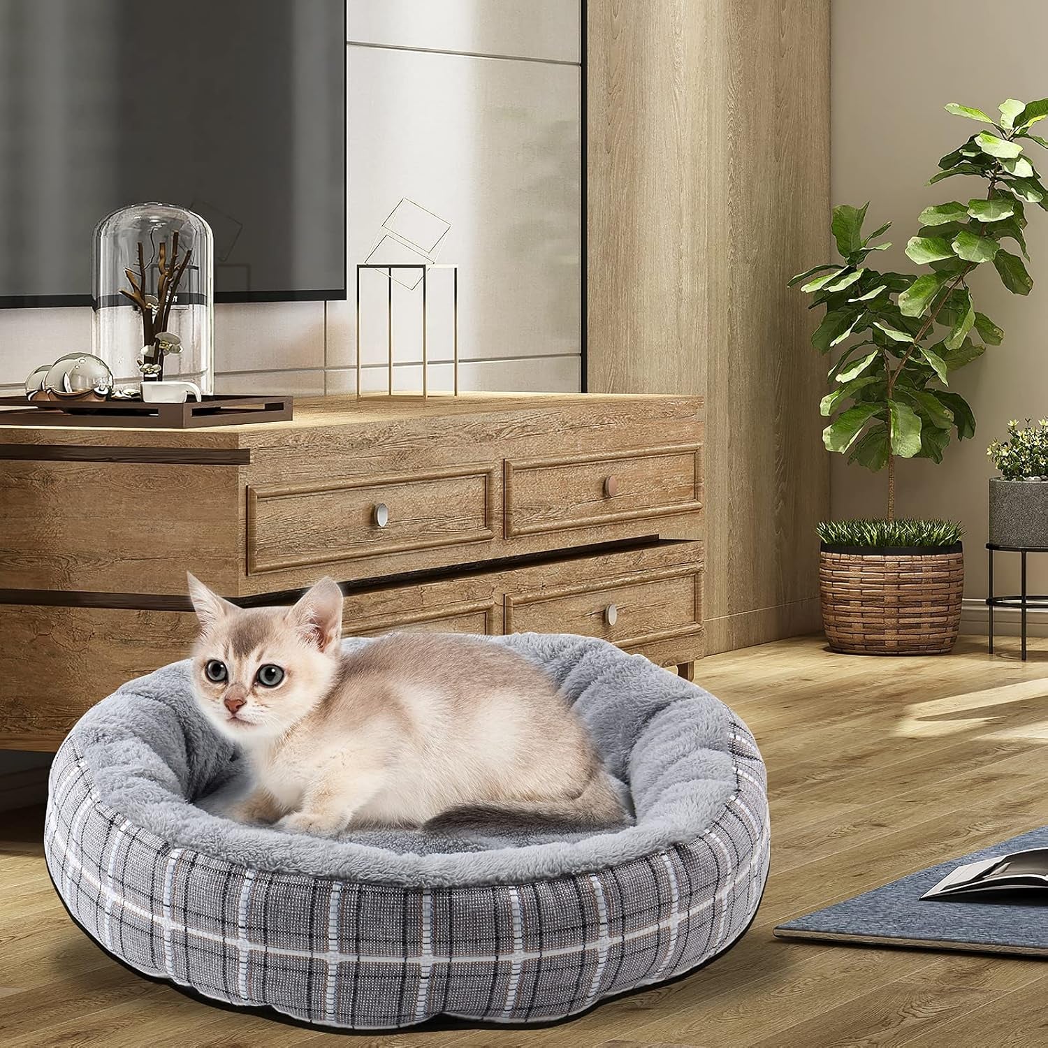 Cat Bed, Washable round Cat House for Indoor Cats, Calming Dog Bed, 20 Inch Donut Dog Bed for Small/Medium/Large Dogs, Anti-Slip & Water-Resistant Bottom…