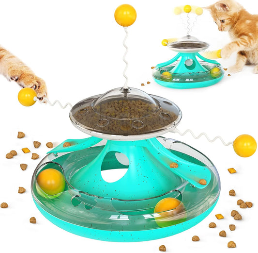 Cat Tracks Toy Roller 2-Level Windmill Turntable Cats Toys Kitty Teaser Stick Ball Kitten Balls Food Dispenser Interactive Pet Supplies for Indoor Birthday Gift A