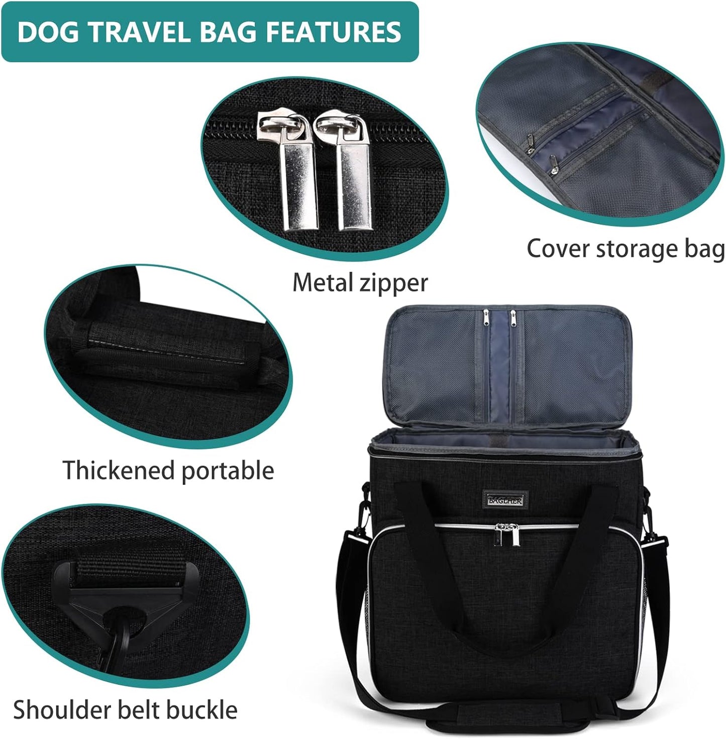 Dog Travel Bag, Pet Travel Bag (All Pet Travel Supplies), with 2 Pet Food Containers and 2 Collapsible Silicone Bowls; Essential Kits for Pet Travel Black