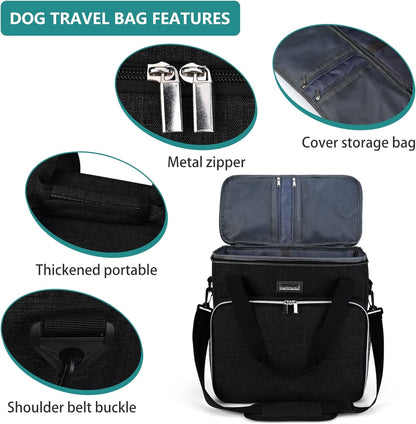 Dog Travel Bag, Pet Travel Bag (All Pet Travel Supplies), with 2 Pet Food Containers and 2 Collapsible Silicone Bowls; Essential Kits for Pet Travel Black