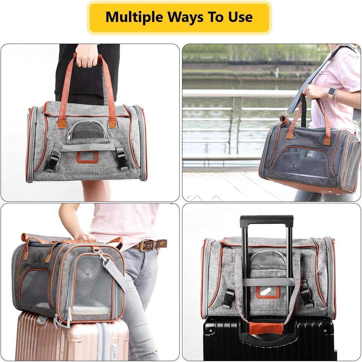 Pet Carrier Bag Portable Cat Dog Travel Carrier Bag, Collapsible Comfortable Breathable Dog Carrier Handbag, Pet Cage with Locking Safety Zippers for Outgoing Travel Hiking (Light Grey)