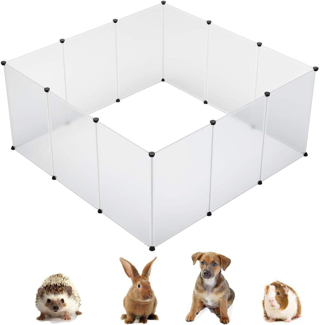 Small Animal Pen Plastic Fence Large Dog Pen Plastic Play Yard Transparent Panels, White, 28" X 20" X 20"