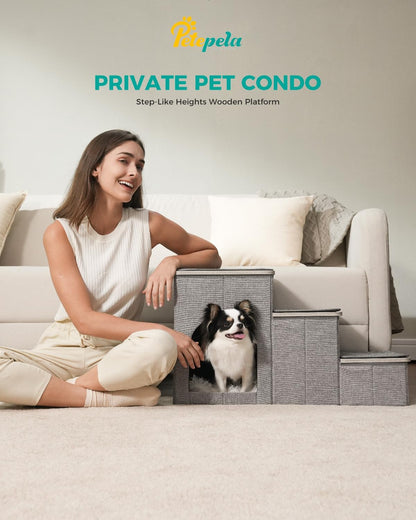 Cat Dog Stairs for Bed, Pet Steps for Small Dogs and Cats, Portable Heavy-Loaded [Up to 120 Lbs] Dog Steps with Storage Box 3-Step to Couch, Doggie Car Ramp for Older Dogs
