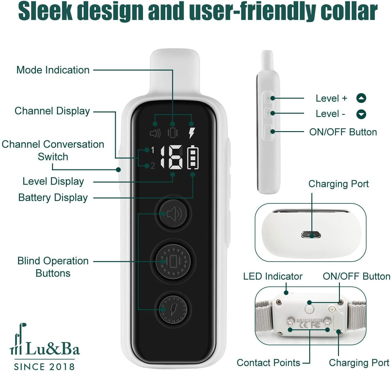 Dog Shock Collar, Waterproof Dog Training Collar with Remote Rechargeable Electric Training Collar with Beep Vibration and Shock Mode Suitable for Small Medium Large Dogs
