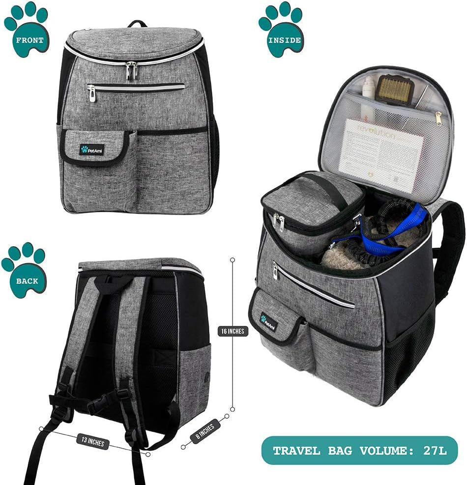 Dog Travel Bag Backpack, Airline Approved Dog Bags for Traveling, Puppy Diaper Bag Supplies, Pet Camping Essentials Hiking Accessories Dog Mom Gift, Food Container, Collapsible Bowls, Gray