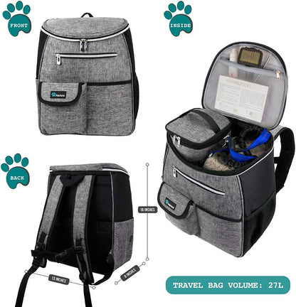 Dog Travel Bag Backpack, Airline Approved Dog Bags for Traveling, Puppy Diaper Bag Supplies, Pet Camping Essentials Hiking Accessories Dog Mom Gift, Food Container, Collapsible Bowls, Gray