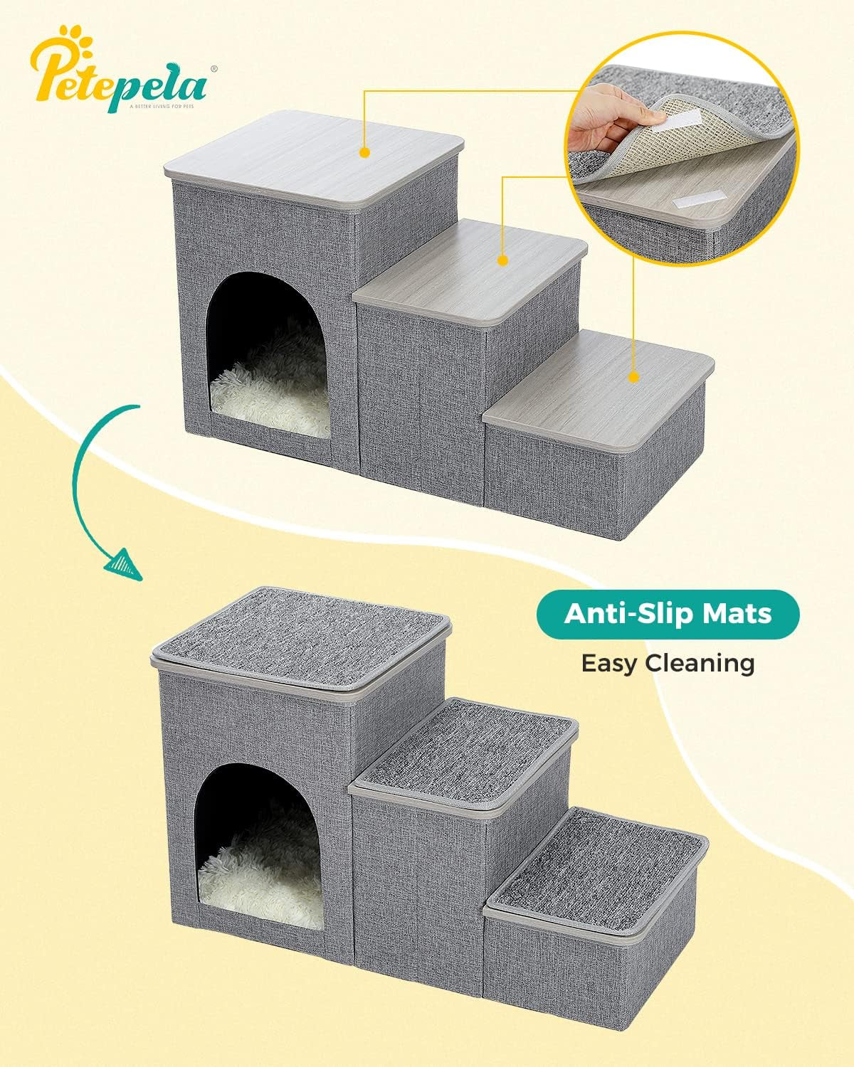 Cat Dog Stairs for Bed, Pet Steps for Small Dogs and Cats, Portable Heavy-Loaded [Up to 120 Lbs] Dog Steps with Storage Box 3-Step to Couch, Doggie Car Ramp for Older Dogs