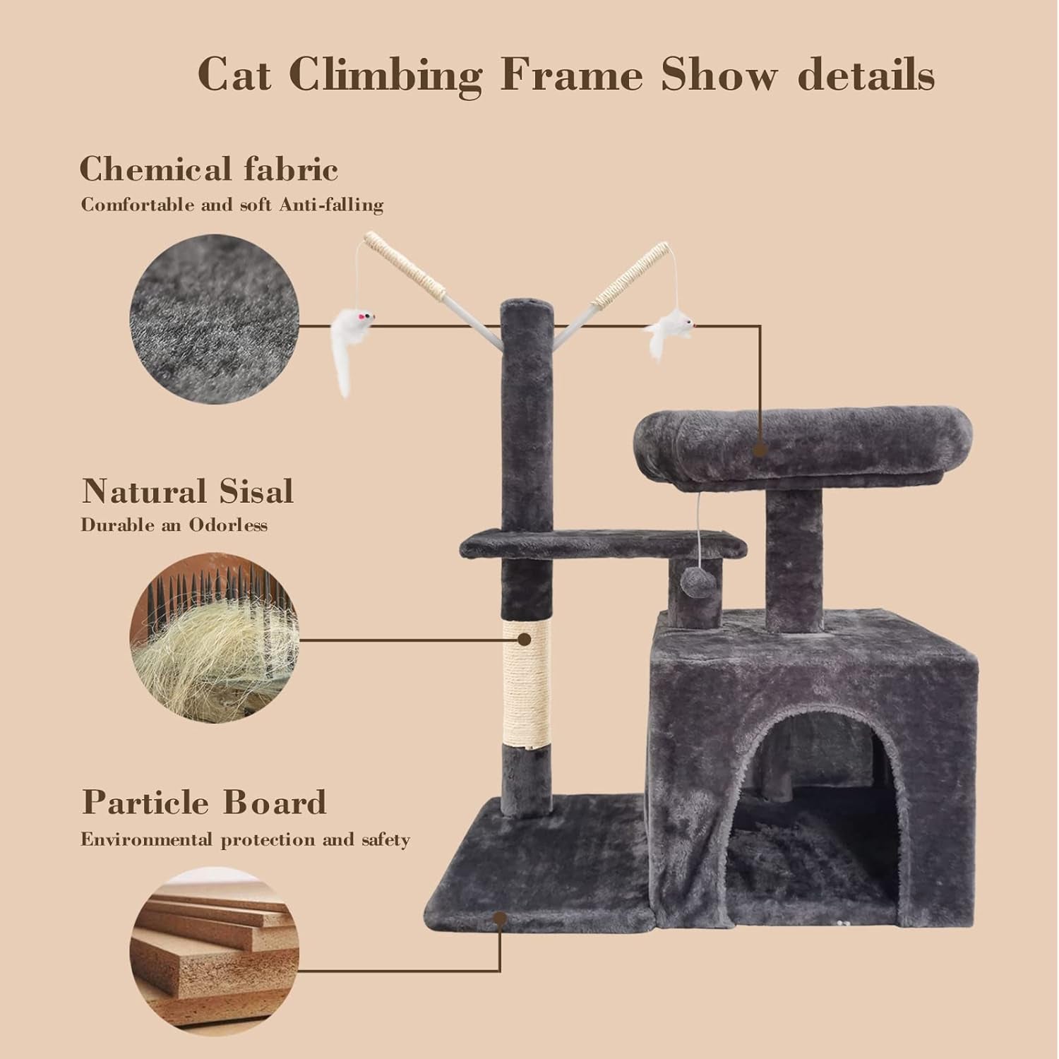 Cat Tree with Scratching Post, Cat Condo Cave, Multifunction Cat Tower, Top Perch, Kitten Plush Toys, Cat Activity Center,Grey