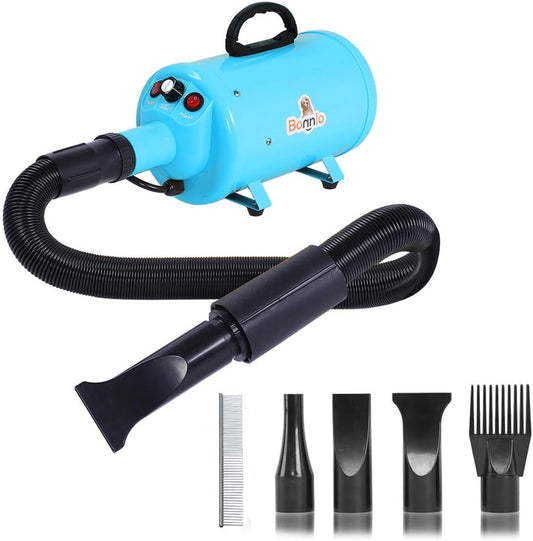 2400W 3.2HP Stepless Adjustable Speed Pet Dryer Dog Hair Dryer Pet Grooming Blower with Heater Quick - 4 Different Nozzles (Single Motor)(Blue)