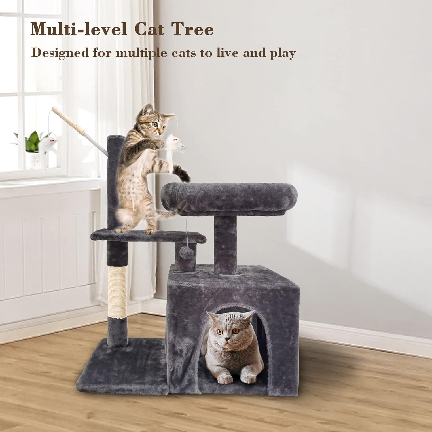 Cat Tree with Scratching Post, Cat Condo Cave, Multifunction Cat Tower, Top Perch, Kitten Plush Toys, Cat Activity Center,Grey