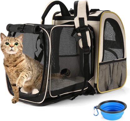 Cat Backpack Carrier, Expandable Pet Carrier Backpack for Small Cats Dogs, Dog Carrier Backpack with Breathable Mesh for Travel Hiking Camping, Hold Pets under 18 Lbs, Khaki