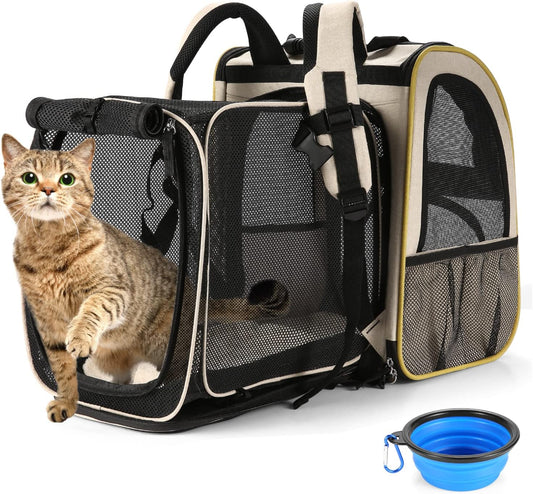 Cat Backpack Carrier, Expandable Pet Carrier Backpack for Small Cats Dogs, Dog Carrier Backpack with Breathable Mesh for Travel Hiking Camping, Hold Pets under 18 Lbs, Khaki