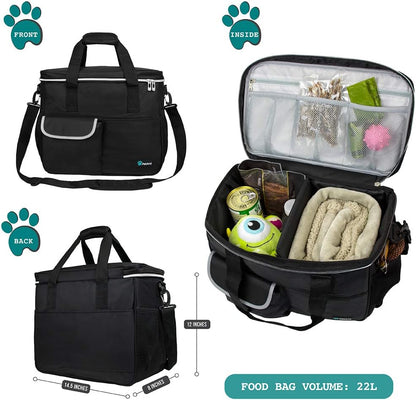 Dog Travel Bag, Travel Pet Bag Organizer, Dog Food Travel Bag with Food Container and Bowls, Dog Travel Supplies Gift Accessories for Weekend Camping, Dog Cat Diaper Bag (Black, Medium)