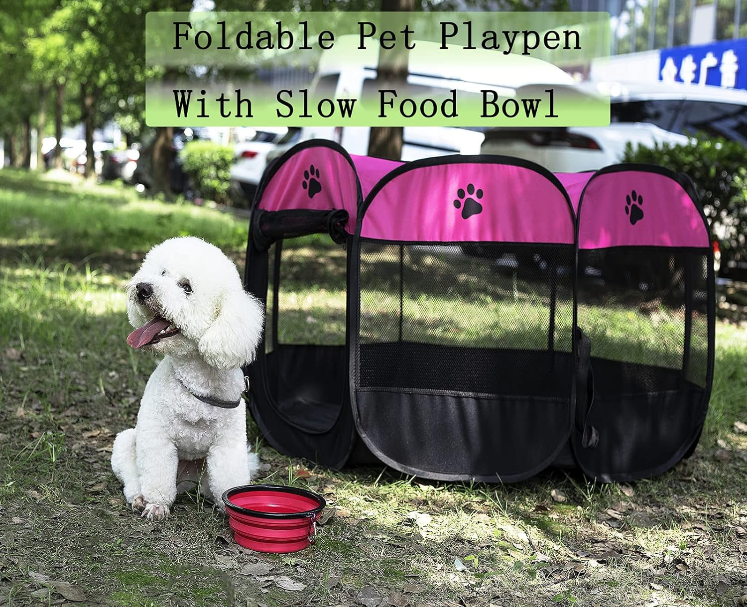 Soft Portable Foldable Pet Tent 8-Panel Mesh House Pet Playpen Kennel Denier Puppy Pen Oxford Cloth for Dog Cat Rabbit with Storage Bag and Slow Food Bowl (35.8"X35.8"X22.8", Rose)