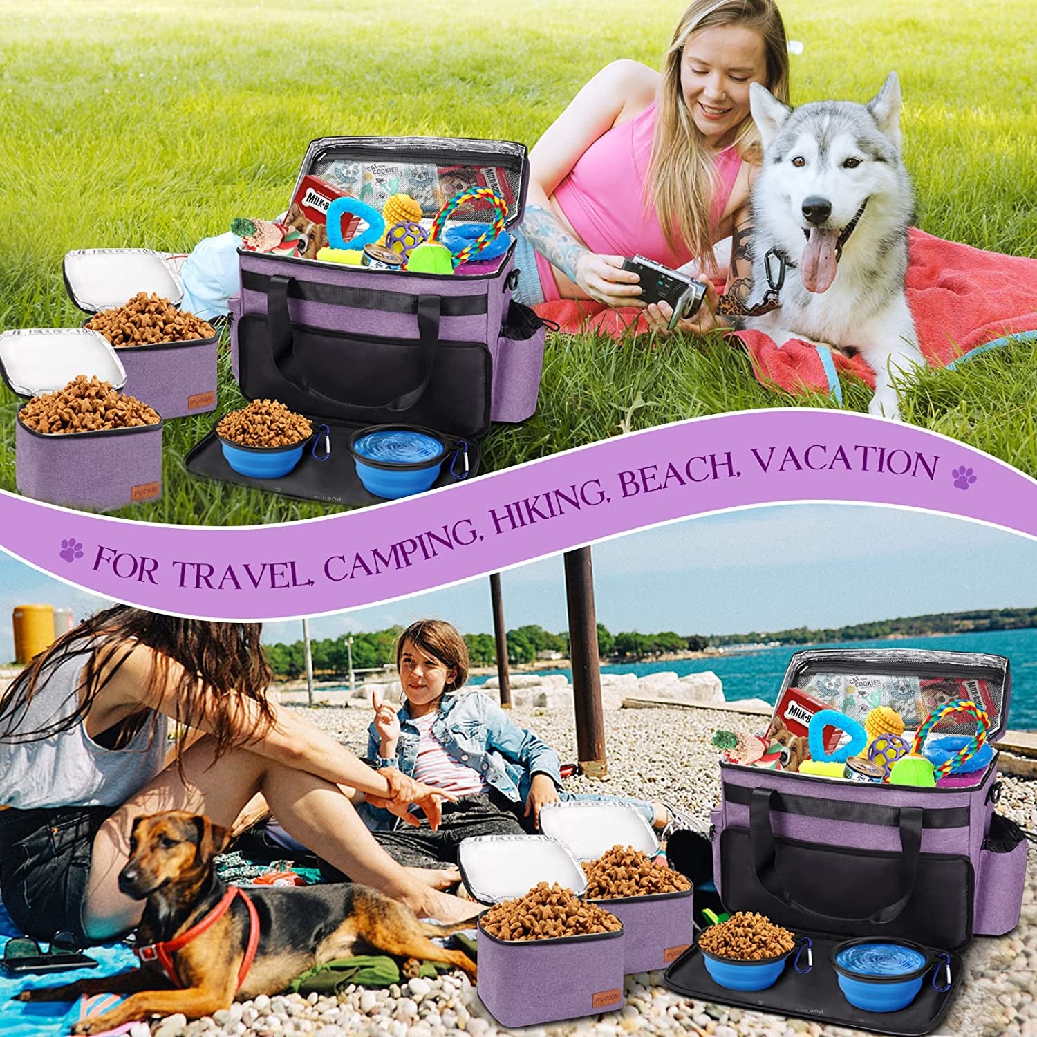 Dog Travel Bag, Airline Approved Pet Tote Organizer with Multi-Function Pockets, Accessories Set Includes Shoulder Strap, 2 Food Storage Containers, 2 Foldable Bowls