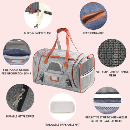 Pet Carrier Bag Portable Cat Dog Travel Carrier Bag, Collapsible Comfortable Breathable Dog Carrier Handbag, Pet Cage with Locking Safety Zippers for Outgoing Travel Hiking (Light Grey)