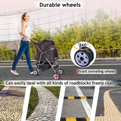 4 Wheel Pet Stroller Cat Dog Cage Stroller Travel Folding Carrier with Cup Holder and Removable Lining for Small and Medium Dogs, Cats (Black)
