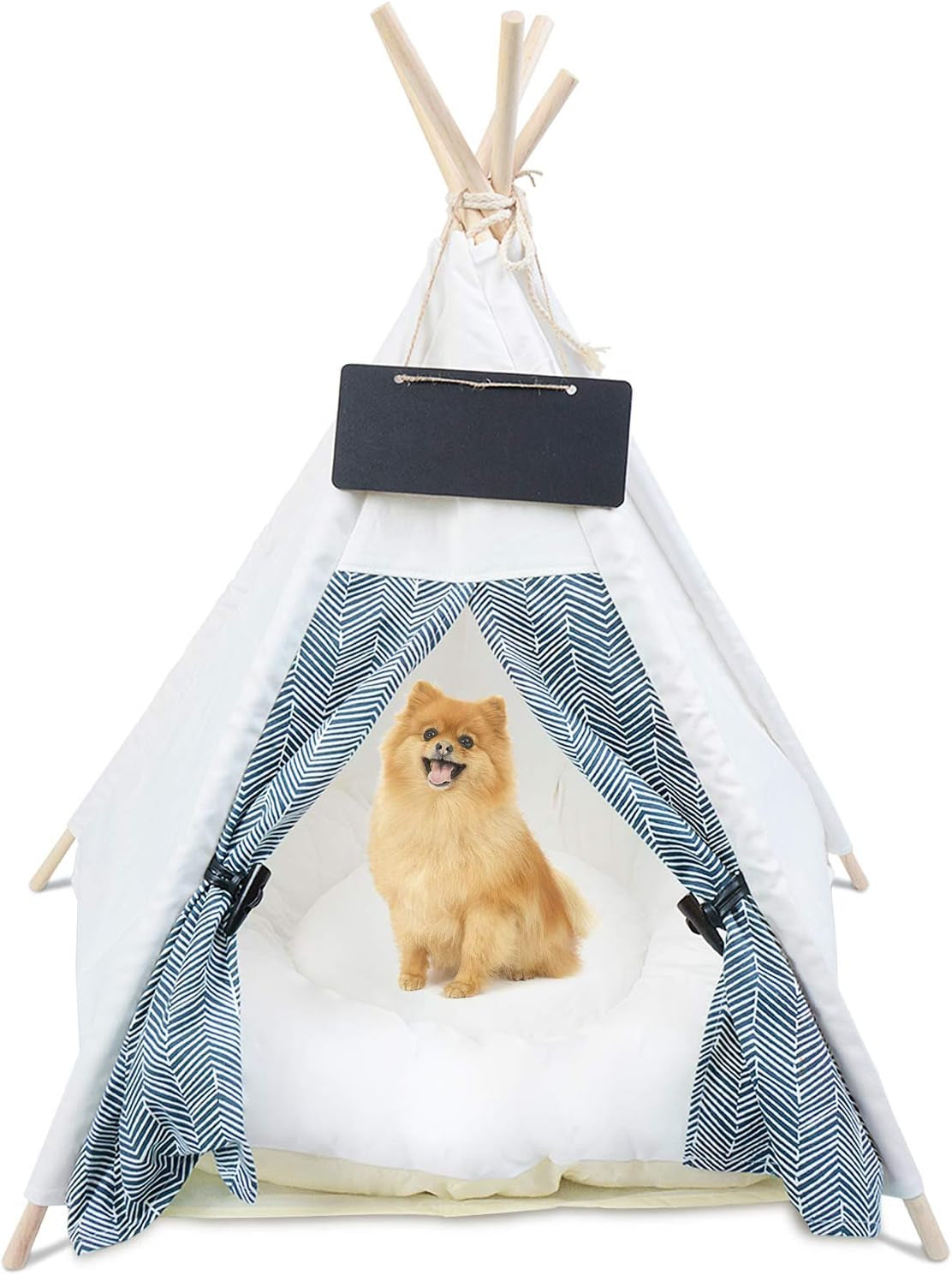 Pet Teepee Tents, Dog & Cat Bed Portable Dog Tents & Pet Houses for Small Dog or Cat with Thick Cushion & Blackboard, White & Stripes