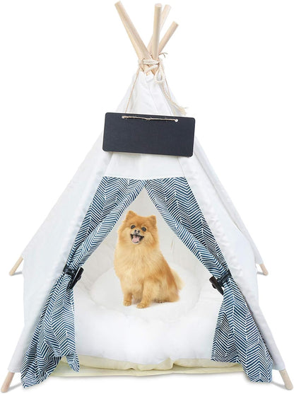 Pet Teepee Tents, Dog & Cat Bed Portable Dog Tents & Pet Houses for Small Dog or Cat with Thick Cushion & Blackboard, White & Stripes