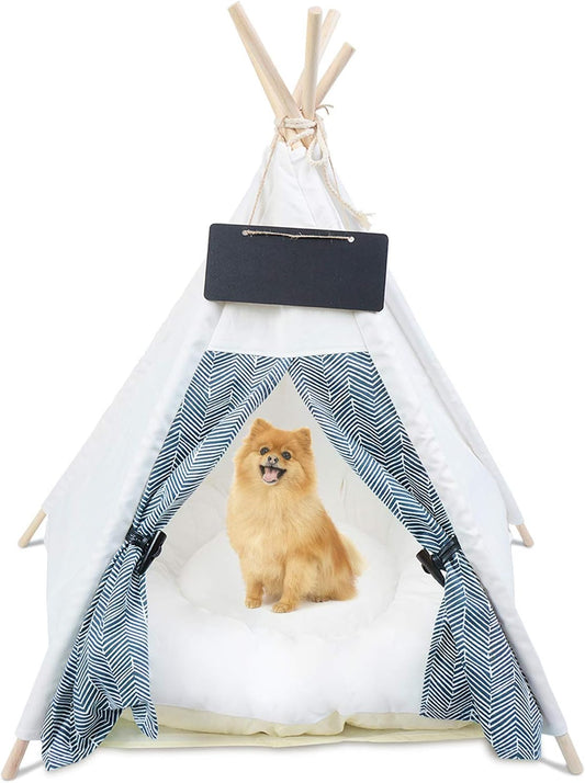 Pet Teepee Tents, Dog & Cat Bed Portable Dog Tents & Pet Houses for Small Dog or Cat with Thick Cushion & Blackboard, White & Stripes