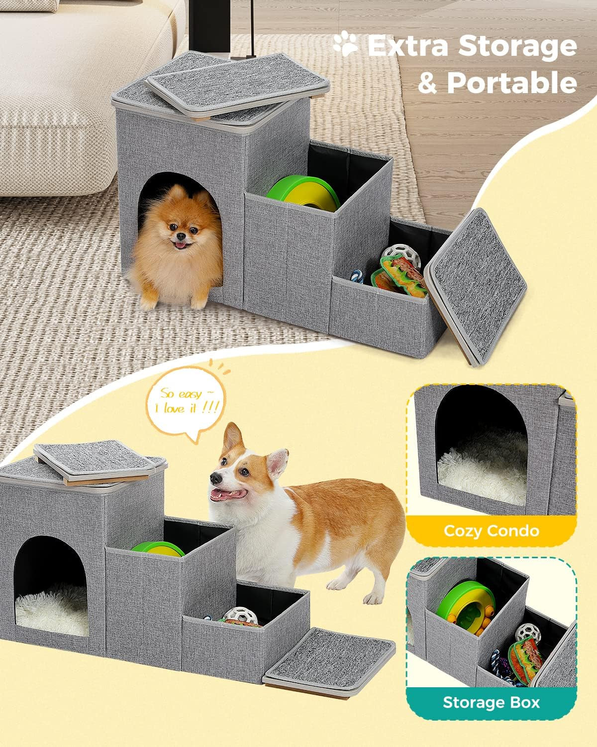 Cat Dog Stairs for Bed, Pet Steps for Small Dogs and Cats, Portable Heavy-Loaded [Up to 120 Lbs] Dog Steps with Storage Box 3-Step to Couch, Doggie Car Ramp for Older Dogs