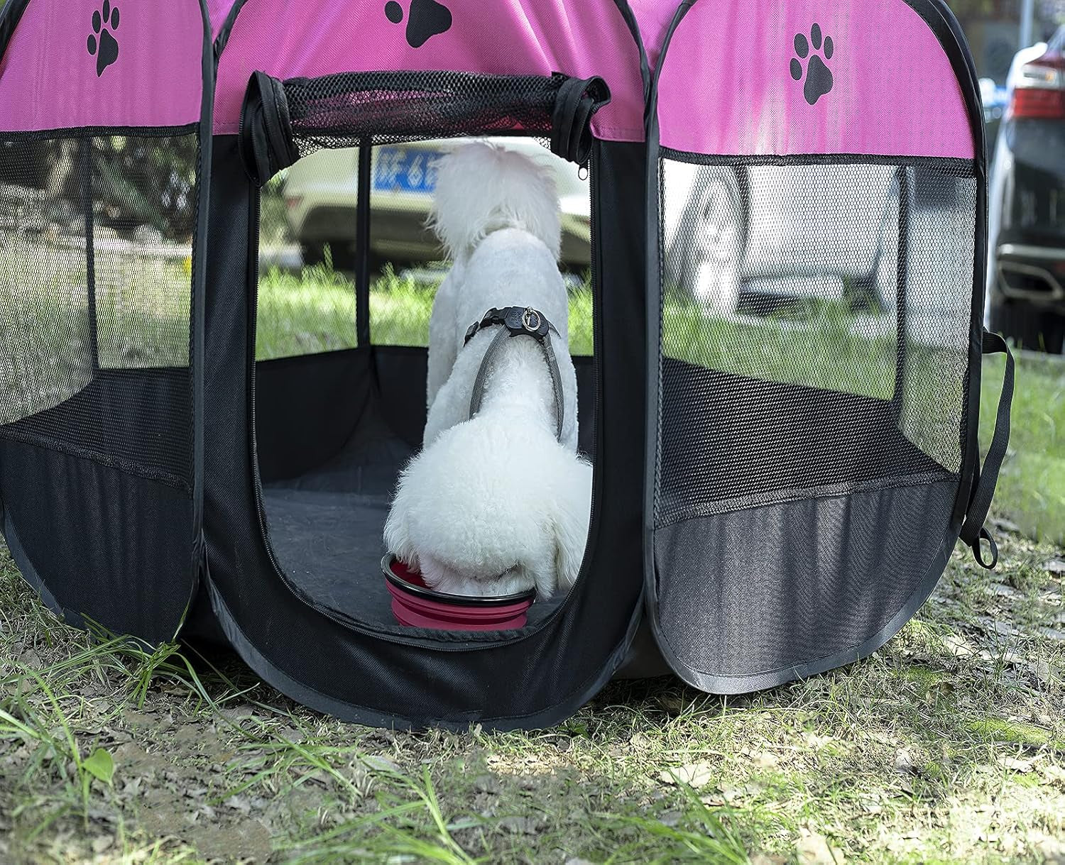 Soft Portable Foldable Pet Tent 8-Panel Mesh House Pet Playpen Kennel Denier Puppy Pen Oxford Cloth for Dog Cat Rabbit with Storage Bag and Slow Food Bowl (35.8"X35.8"X22.8", Rose)