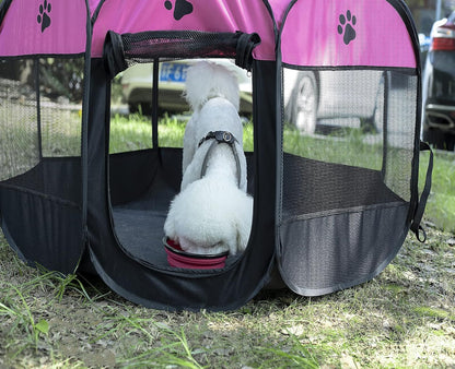 Soft Portable Foldable Pet Tent 8-Panel Mesh House Pet Playpen Kennel Denier Puppy Pen Oxford Cloth for Dog Cat Rabbit with Storage Bag and Slow Food Bowl (35.8"X35.8"X22.8", Rose)