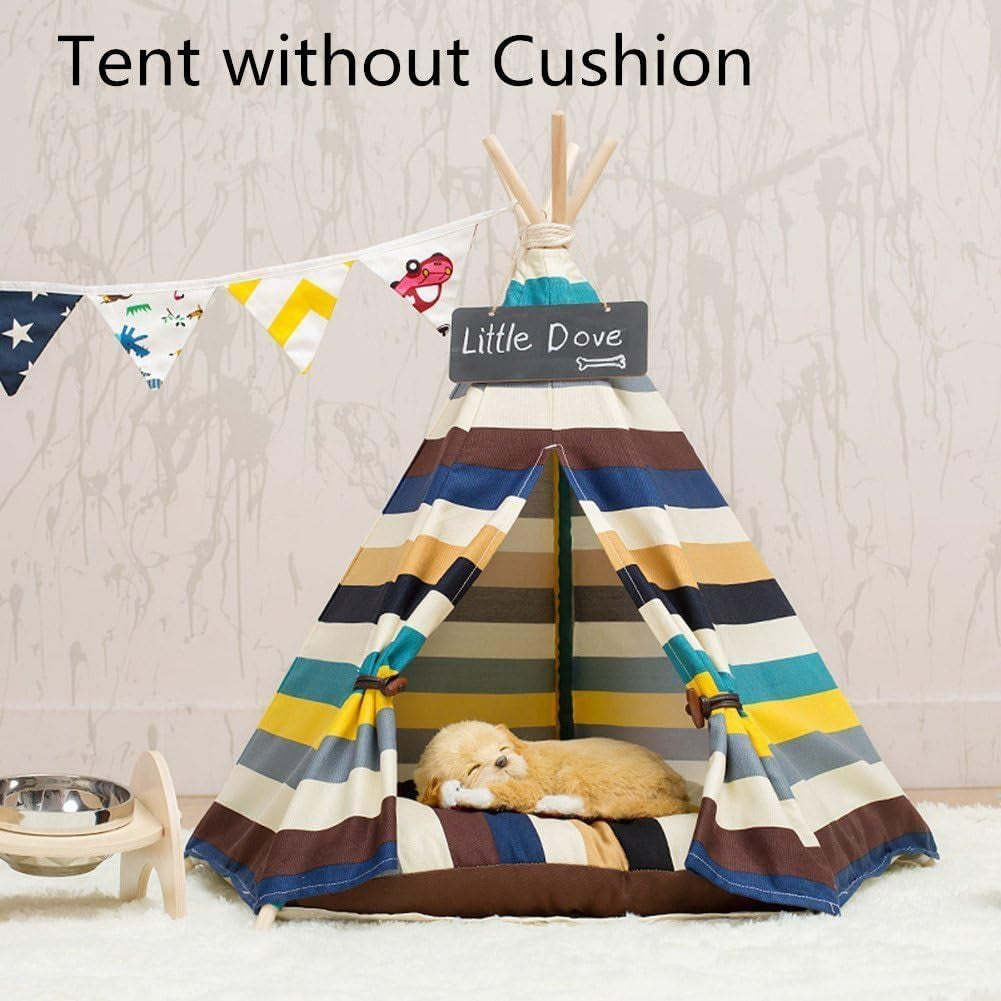 Pet Tent Dog & Cat Bed,  Portable and Removable Dog Teepee and Cat Play House Blue Stripe Style (Without Cushion)