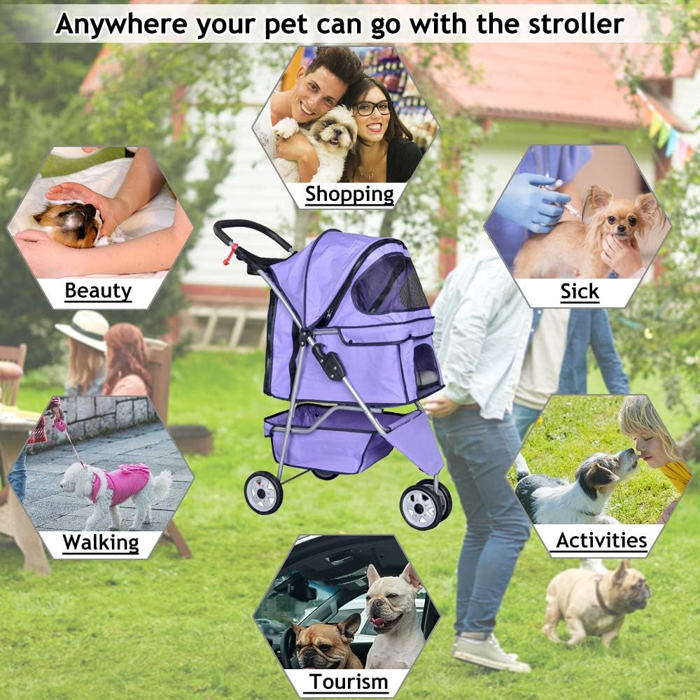 Pet Stroller Jogger Cat Dog Cage 3 Wheels Stroller Travel Folding Carrier Strolling Cart with Cup Holders and Removable Liner 35Lbs Capacity Large Doggie Stroller for Small-Medium Dogs, Cats - Purple