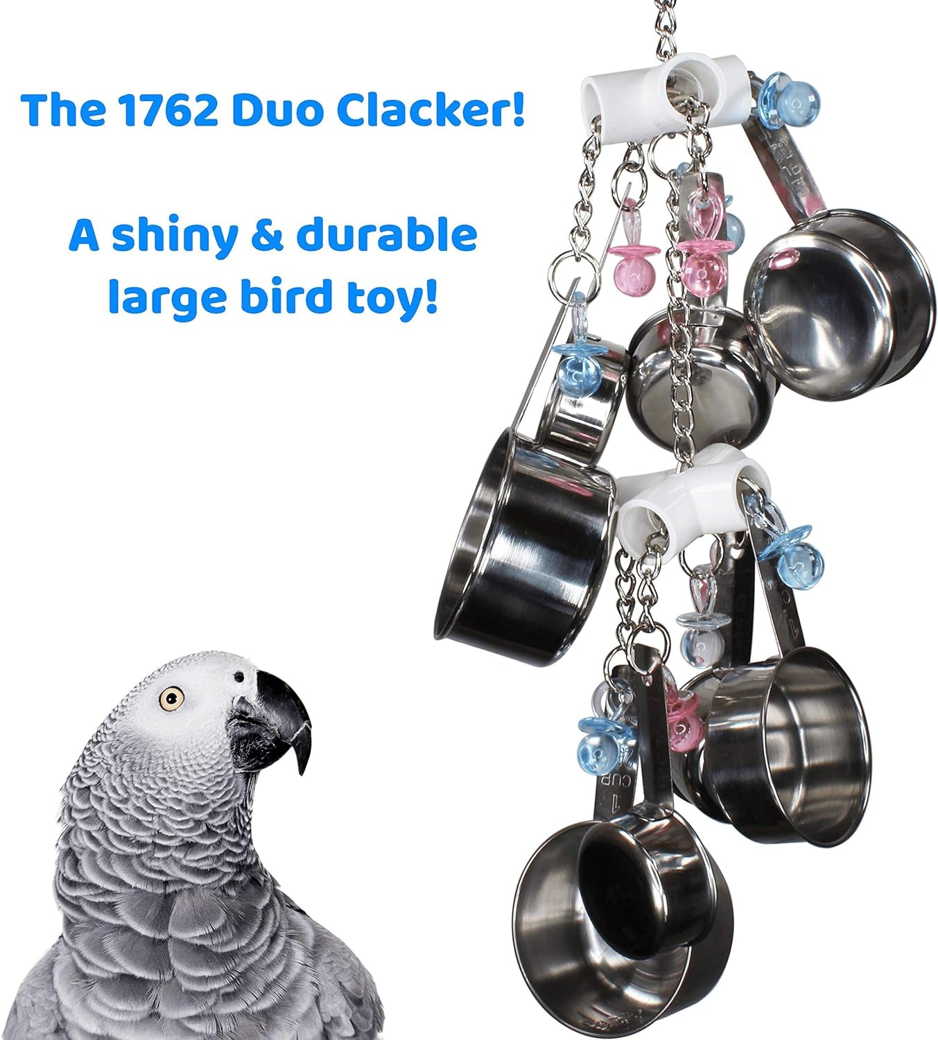 Clacker Colorful Durable Stainless Steel Pullable Parrot Macaw African Grey Cockatoo (Double Clacker, White)