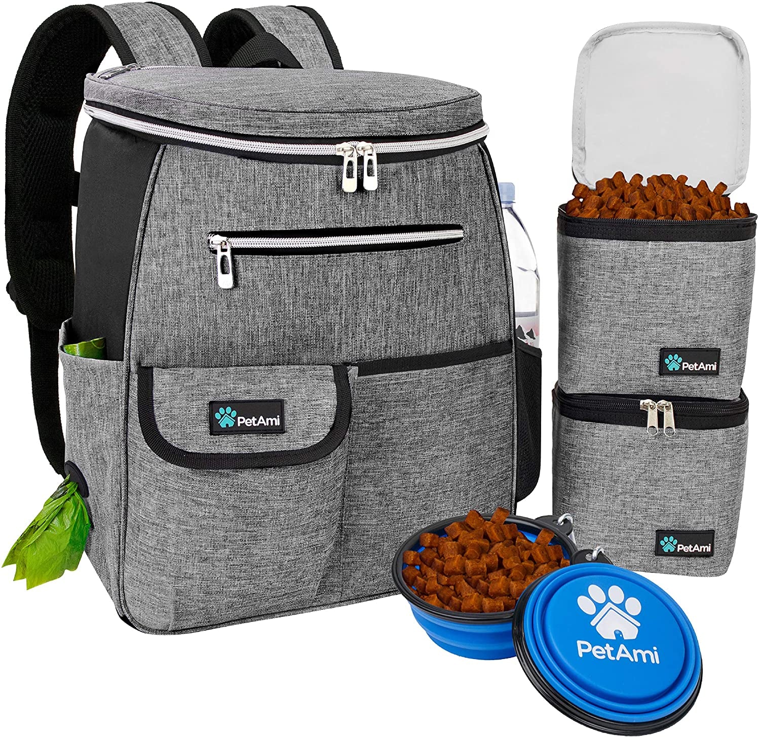 Dog Travel Bag Backpack, Airline Approved Dog Bags for Traveling, Puppy Diaper Bag Supplies, Pet Camping Essentials Hiking Accessories Dog Mom Gift, Food Container, Collapsible Bowls, Gray