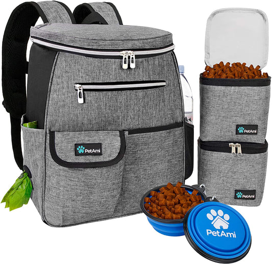 Dog Travel Bag Backpack, Airline Approved Dog Bags for Traveling, Puppy Diaper Bag Supplies, Pet Camping Essentials Hiking Accessories Dog Mom Gift, Food Container, Collapsible Bowls, Gray