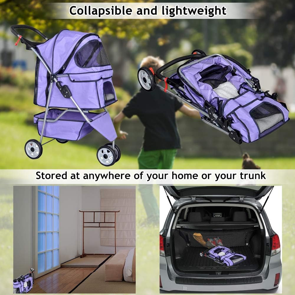 Pet Stroller Jogger Cat Dog Cage 3 Wheels Stroller Travel Folding Carrier Strolling Cart with Cup Holders and Removable Liner 35Lbs Capacity Large Doggie Stroller for Small-Medium Dogs, Cats - Purple