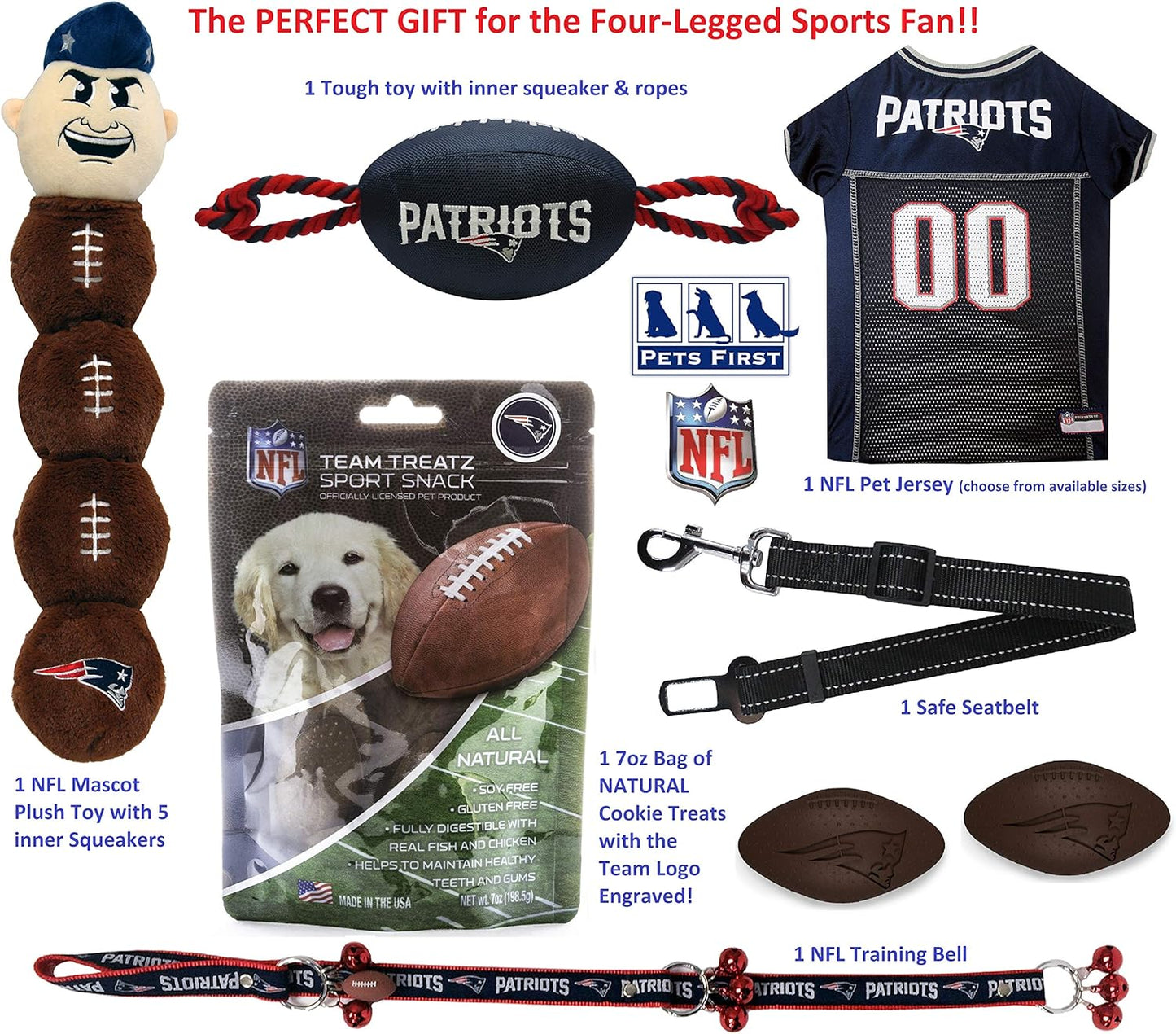 NFL New England Patriots PET GIFT BOX with 2 Licensed DOG TOYS, 1 Logo-Engraved NATURAL DOG TREAT, 1 NFL JERSEY, 1 NFL Puppy Training Bells & 1 Car Seatbelt