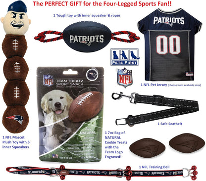 NFL New England Patriots PET GIFT BOX with 2 Licensed DOG TOYS, 1 Logo-Engraved NATURAL DOG TREAT, 1 NFL JERSEY, 1 NFL Puppy Training Bells & 1 Car Seatbelt