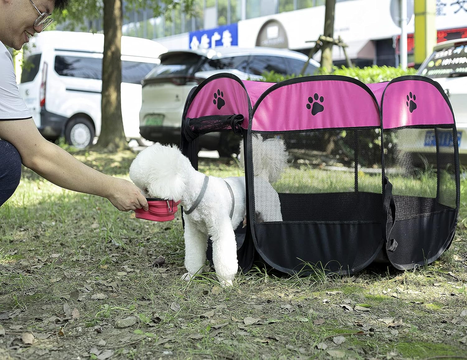 Soft Portable Foldable Pet Tent 8-Panel Mesh House Pet Playpen Kennel Denier Puppy Pen Oxford Cloth for Dog Cat Rabbit with Storage Bag and Slow Food Bowl (35.8"X35.8"X22.8", Rose)