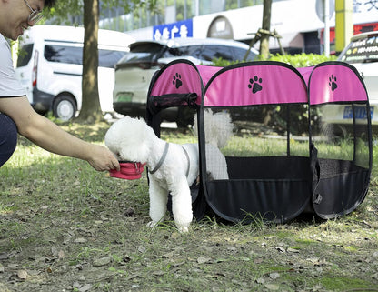 Soft Portable Foldable Pet Tent 8-Panel Mesh House Pet Playpen Kennel Denier Puppy Pen Oxford Cloth for Dog Cat Rabbit with Storage Bag and Slow Food Bowl (35.8"X35.8"X22.8", Rose)