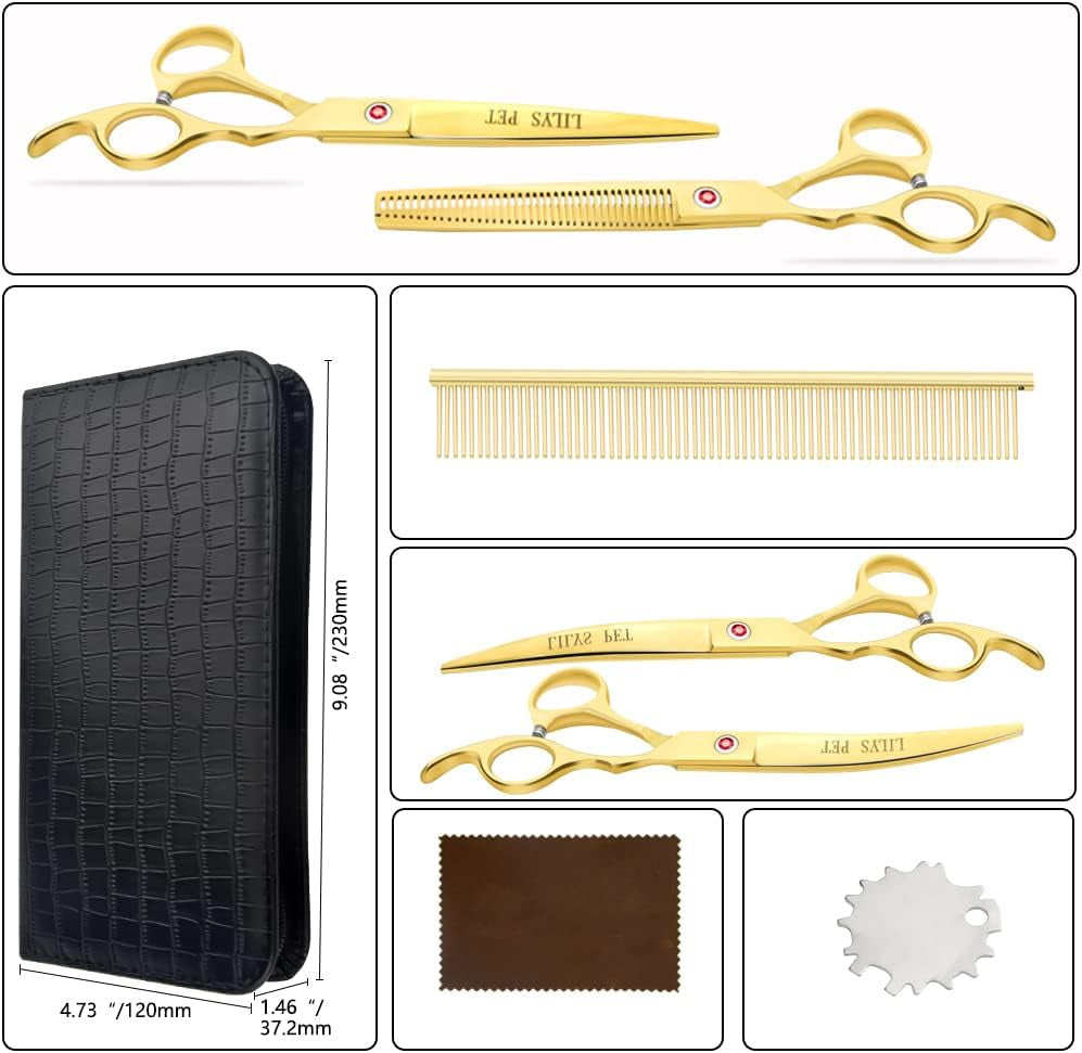 Professional PET DOG Grooming Coated Titanium Scissors Suit Cutting&Curved&Thinning Shears (7.0 Inches, Gold)…