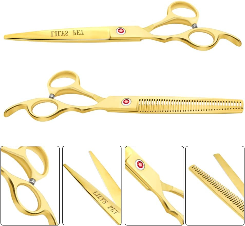 Professional PET DOG Grooming Coated Titanium Scissors Suit Cutting&Curved&Thinning Shears (7.0 Inches, Gold)…