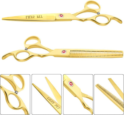Professional PET DOG Grooming Coated Titanium Scissors Suit Cutting&Curved&Thinning Shears (7.0 Inches, Gold)…