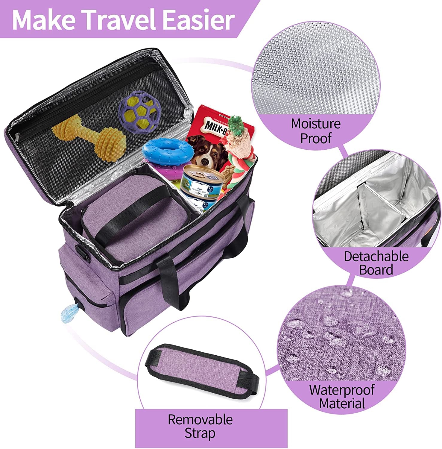 Dog Travel Bag, Airline Approved Pet Tote Organizer with Multi-Function Pockets, Accessories Set Includes Shoulder Strap, 2 Food Storage Containers, 2 Foldable Bowls