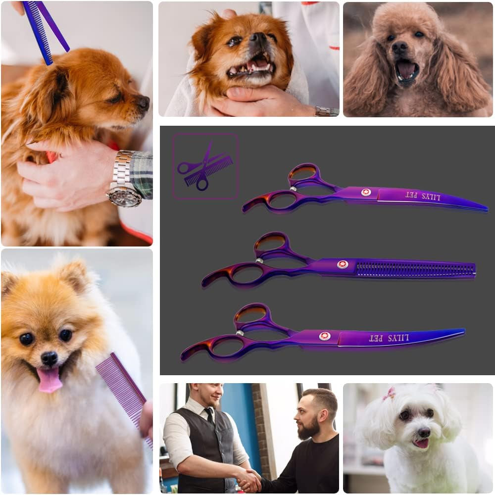 Professional PET DOG Grooming Coated Titanium Scissors Suit Cutting&Curved&Thinning Shears (8.0 Inches, Purple)…